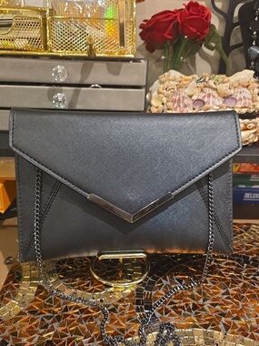Black Envelope Wristlet Clutch with Gunmetal Accent